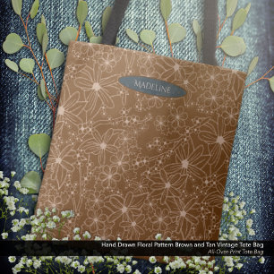 Country Flowers Hand Drawn Pattern Brown Rustic Tote Bag