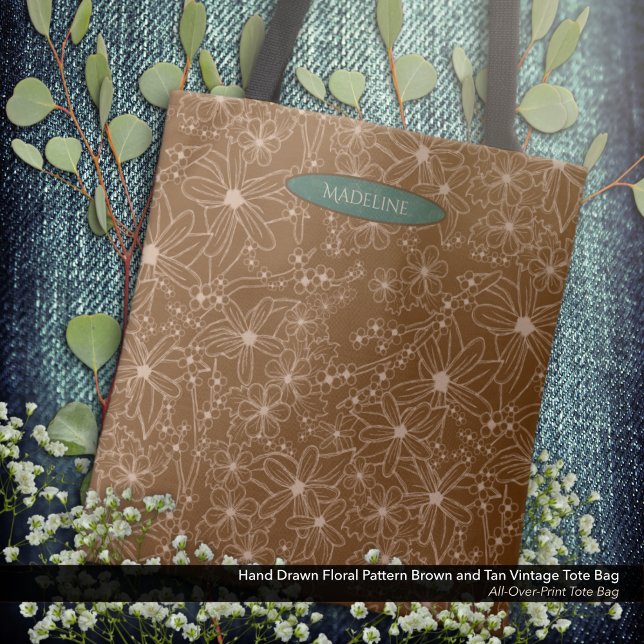 Country Flowers Hand Drawn Pattern Brown Rustic Tote Bag (Tote Bag: Hand Drawn Floral Pattern in Vintage Brown and Tan with the Owner's Name in Forest Green.)