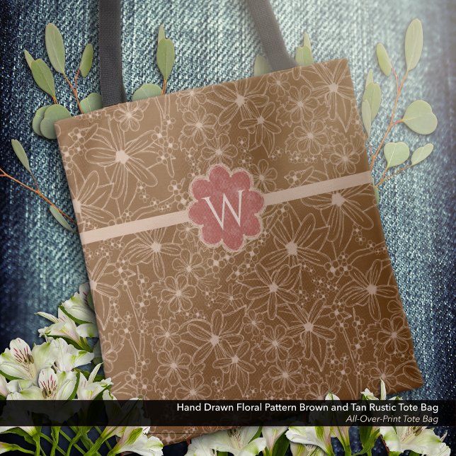 Country Flowers Hand Drawn Pattern Brown Rustic Tote Bag (Tote Bag: Rustic Hand Drawn Floral Pattern in Brown and Tan with Distressed Brick Red Monogram.)