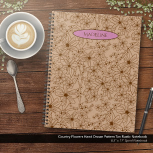 Country Flowers Hand Drawn Pattern Tan Vintage Notebook
