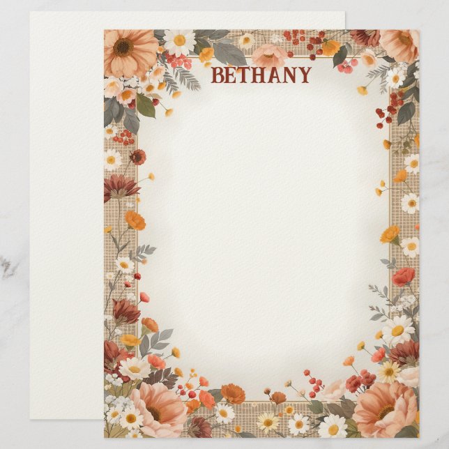 Country Flowers on Burlap Stationery Paper (Front/Back)