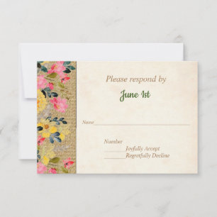 Country Flowers on Burlap Wedding Invitation RSVP