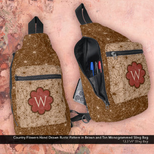 Country Flowers Pattern Tan Brown Red Rustic Sling Bag