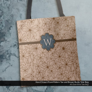 Country Flowers: Tan and Navy Blue Monogrammed Tote Bag