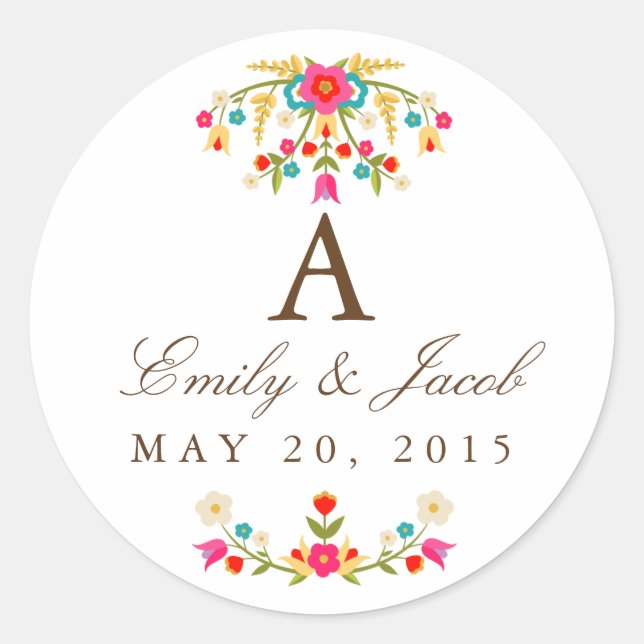 Country Flowers Wedding Monogram Classic Round Sticker (Front)