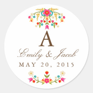 Country Flowers Wedding Monogram Classic Round Sticker