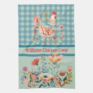 Country Folk Art Chickens On Blue Gingham Check Kitchen Towel