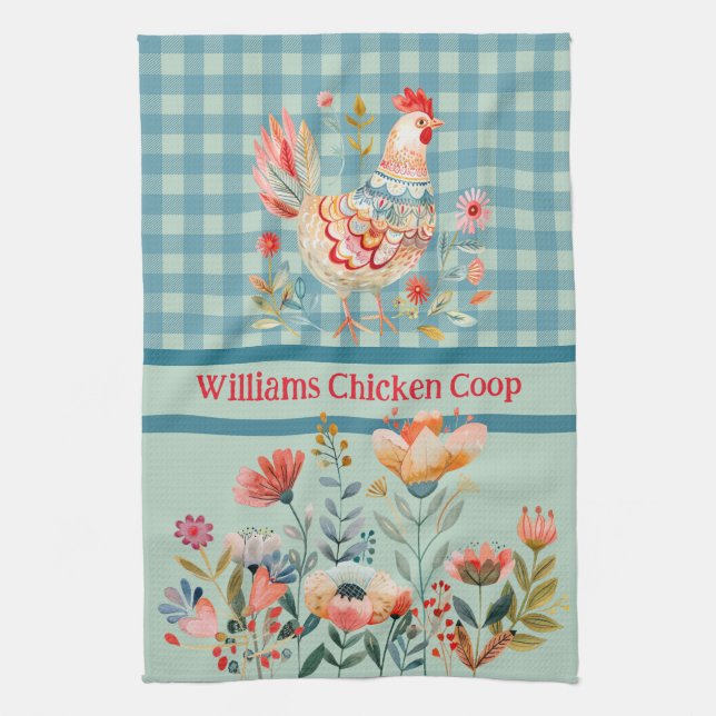 Country Folk Art Chickens On Blue Gingham Check  Kitchen Towel (Vertical)