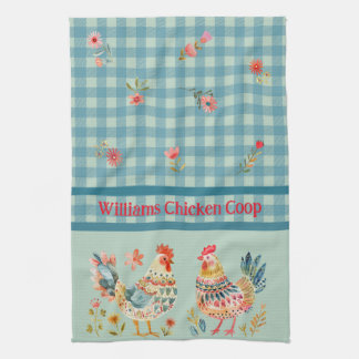 Country Folk Art Chickens On Blue Gingham Check Kitchen Towel