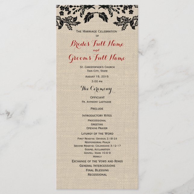 Country Garden and Burlap Wedding Program (Front)