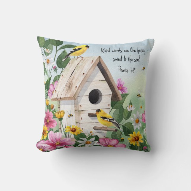 Country garden birdhouse, birds and floral throw pillow (Front)