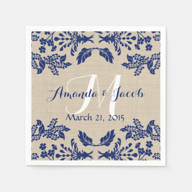 Country Garden Damask Blue and Burlap Napkin (Front)
