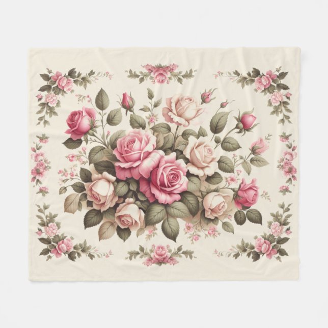 Country Garden Pink Roses on Cream Background Fleece Blanket (Front (Horizontal))