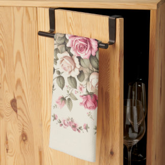 Country Garden Pink Roses on Cream Background Kitchen Towel