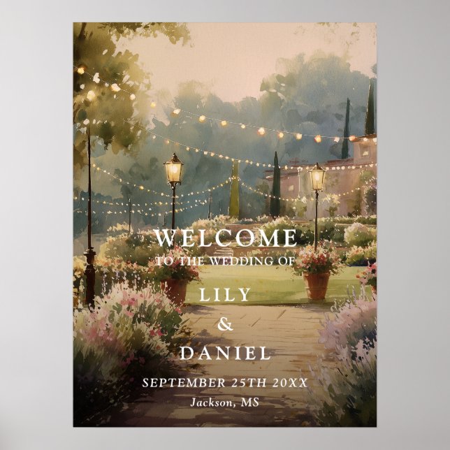Country Garden String Lights Wedding Welcome Sign (Front)