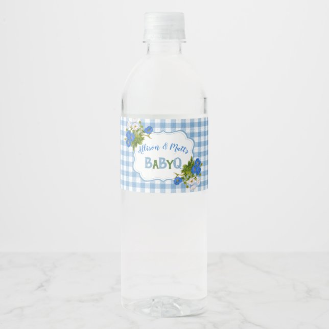 Country Gingham Check Blue Flowers Baby Q BBQ  Water Bottle Label (Front)