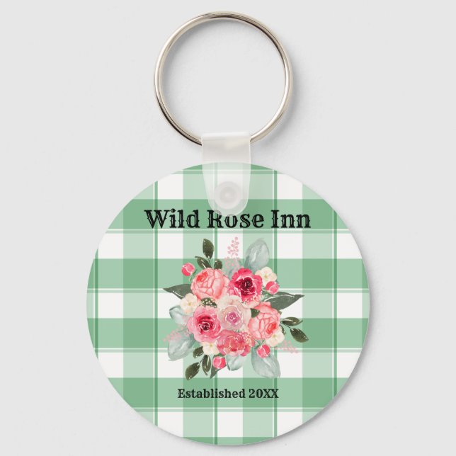 Country Gingham Wild Roses B & B Custom Farmhouse  Keychain (Front)
