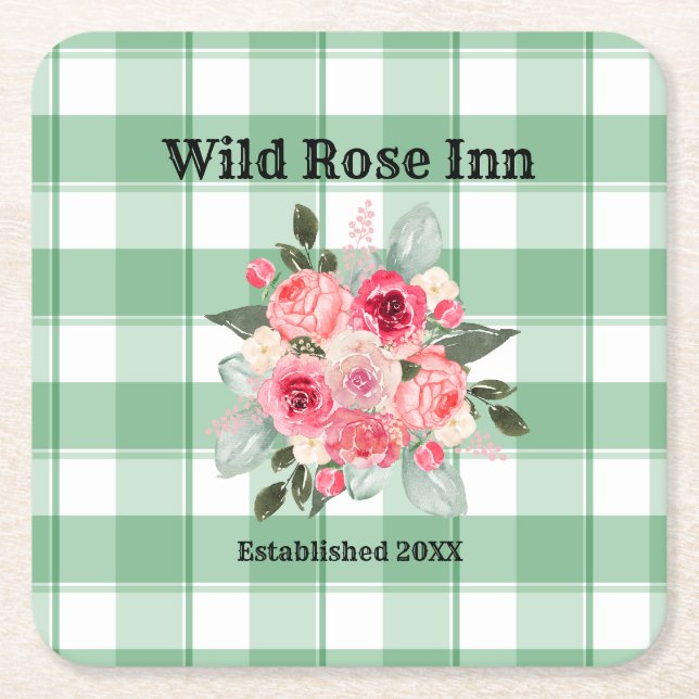 Country Gingham Wild Roses B & B Custom Farmhouse Square Paper Coaster (Front)