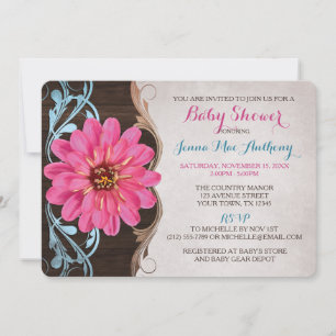 Country Girl rose Zinnia Baby Shower Invitations