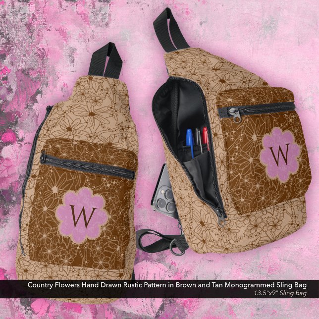 Country Girl Rustic Floral Pattern Pink Brown Sling Bag (Sling Bag: Country Flowers Hand Drawn Rustic Pattern in Brown and Tan with a Soft Pink Monogram)