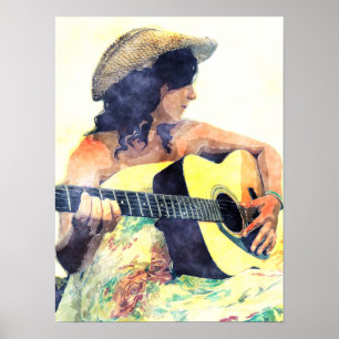 Country Girl with Acoustic Guitar Water Colour Poster