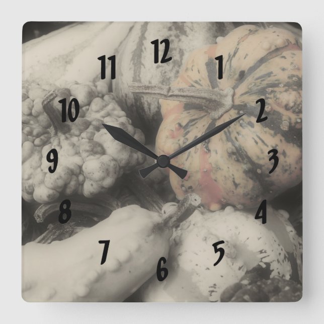 Country Gourds In Vintage Black And White  Square Wall Clock (Front)
