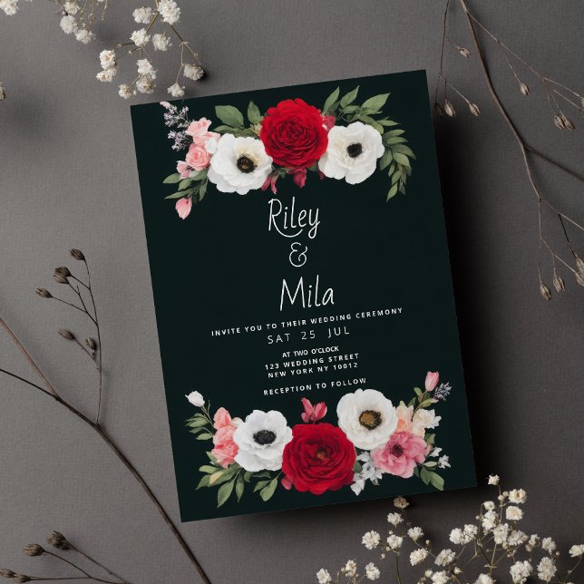 Country green red white roses floral Wedding Invitation (Country green red white roses floral Wedding )