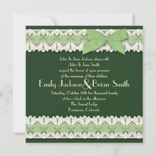 Country green ribbon lace wedding invitations