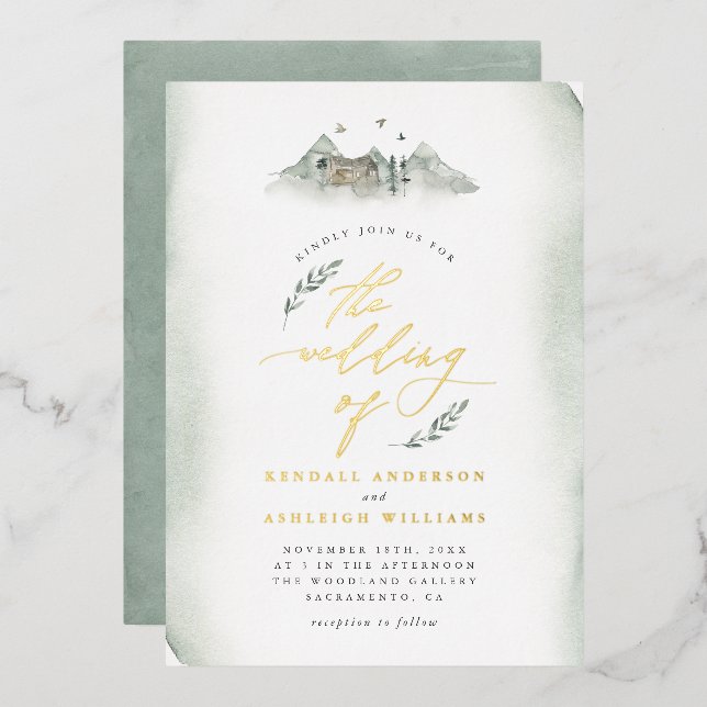 Country Green Watercolor Leaves & Mountain Wedding (Front/Back)