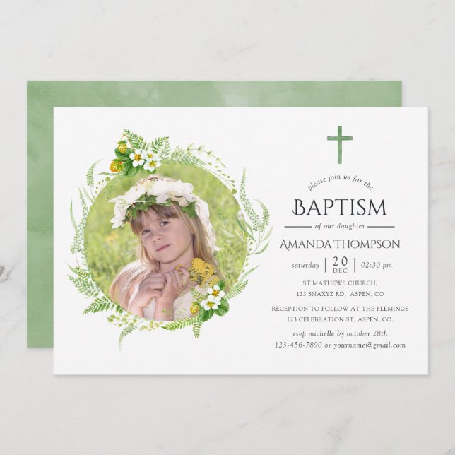 Country Greenery Baptism or Christening Invitation (Front/Back)