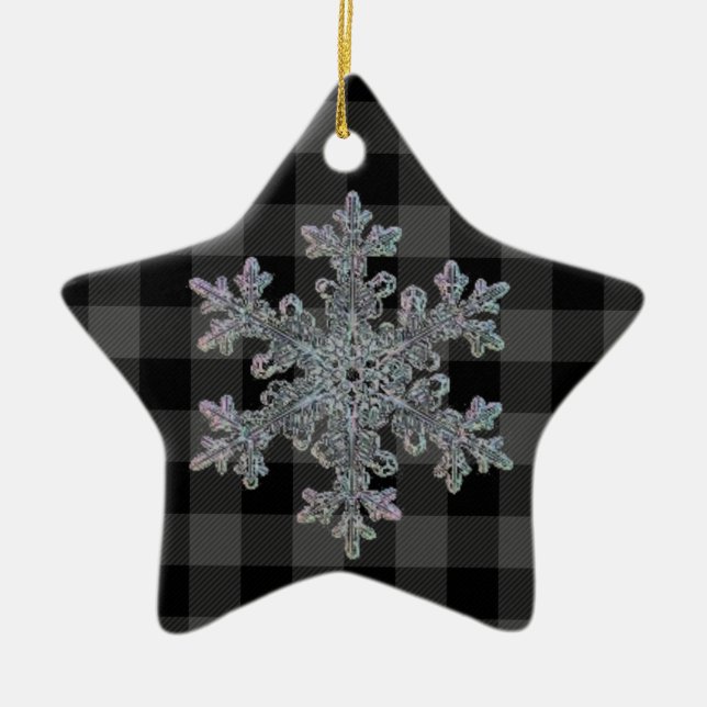 Country grey and black plaid -snowflake ceramic ornament (Front)