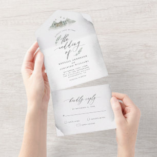 Country Grey Watercolor Leaves & Mountain Wedding All In One Invitation