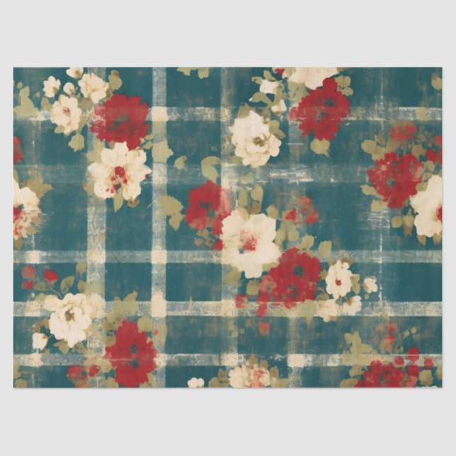 Country Grunge Distressed Plaid Floral Decoupage Tissue Paper (Front)