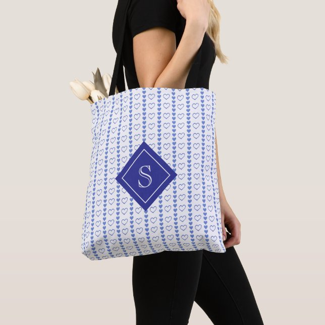 Country Heart Stripes Pattern Monogram Tote Bag (Close Up)