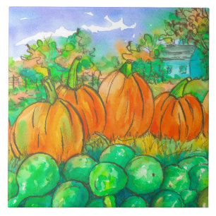 Country Home Pumpkin Patch Autumn Trees Tile
