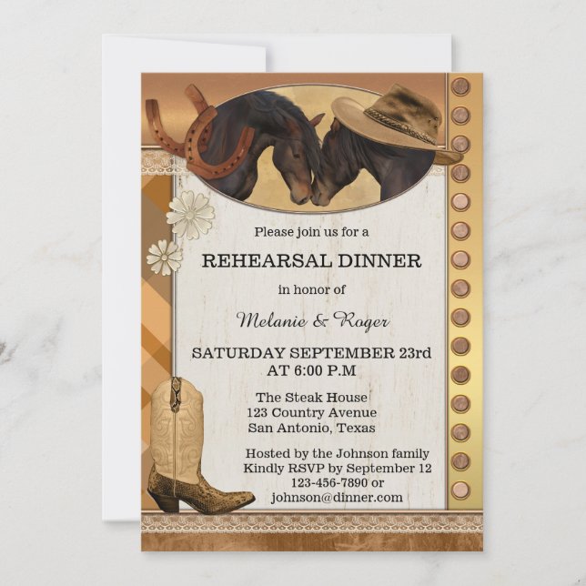 Country Horses Rustic Rehearer Dîner Invitation (Devant)