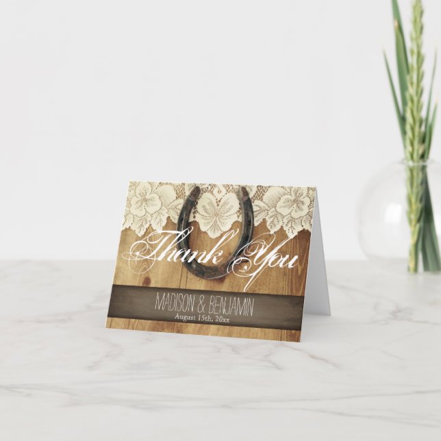 Country Horseshoe Lace Wedding Thank You Card (Front)