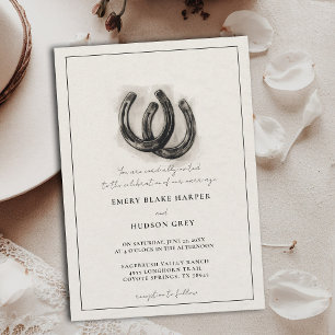 Country Horseshoes Vintage Western BW Wedding Invitation