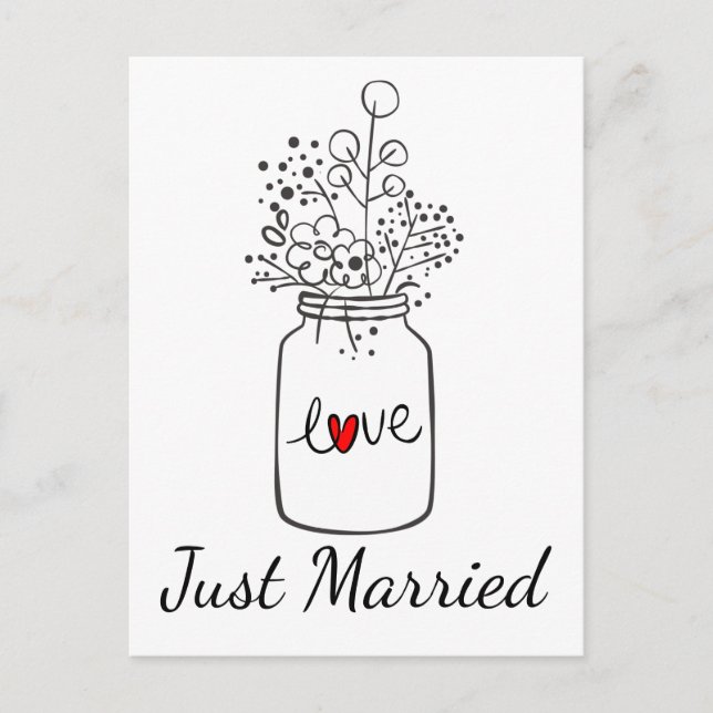 Country Just Married Wedding Mason Jar Black Red Announcement Postcard (Front)