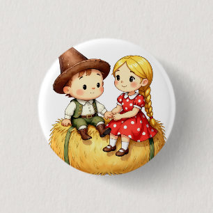 Country Kids on a Hay Bale 1 Inch Round Button