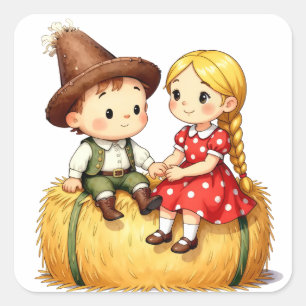 Country Kids on a Hay Bale Square Sticker