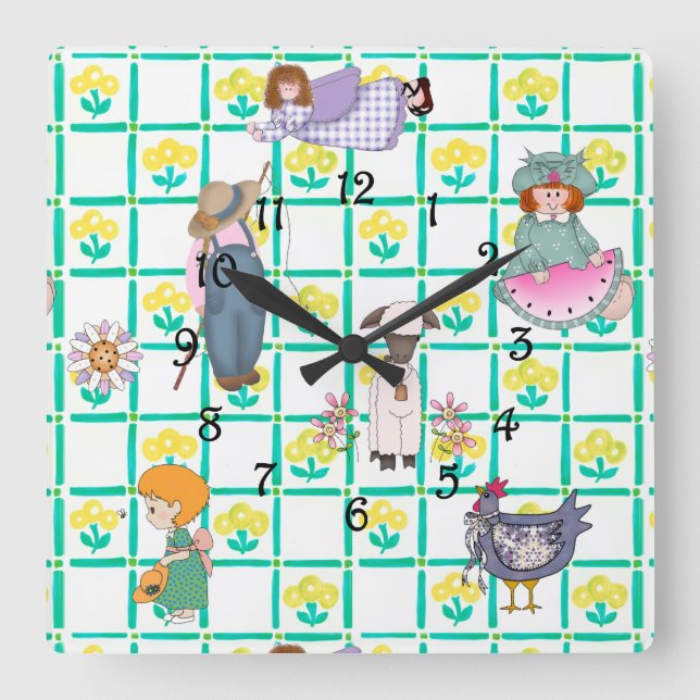 Country Kids Square Wall Clock (Front)