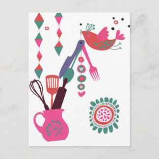 country kitchen - silverware on floral. postcard