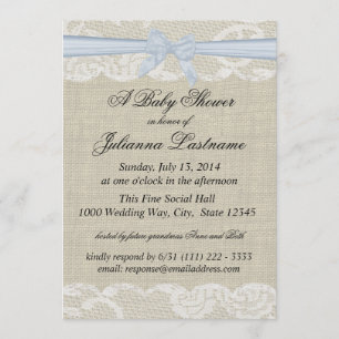 Country Lace and Burlap with Baby Blue Bow Shower Invitation