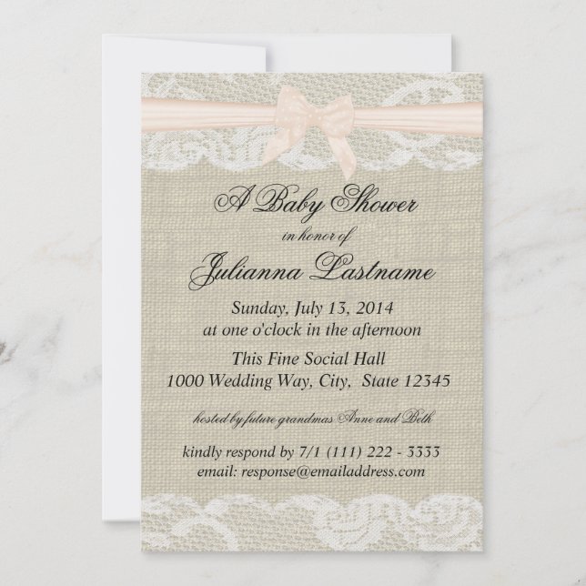 Country Lace and Burlap with Pink Bow Shower Invitation (Front)