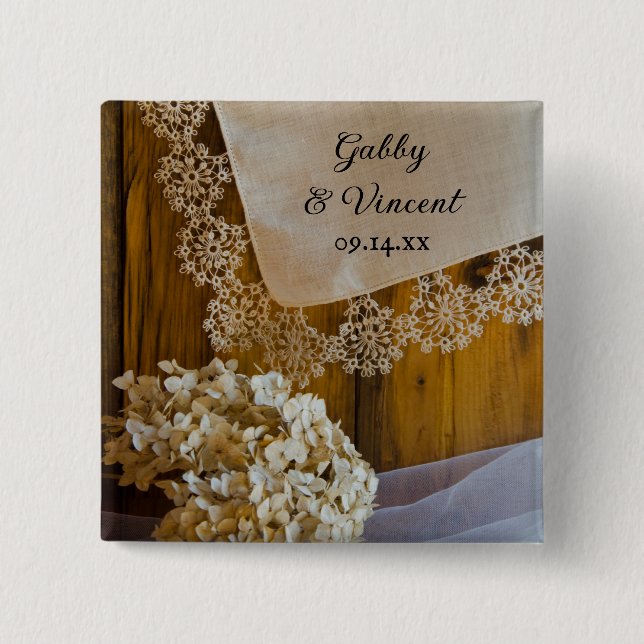 Country Lace and Flowers Barn Wedding 2 Inch Square Button (Front)