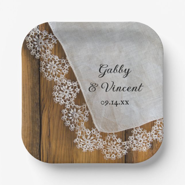 Country Lace and Rustic Barn Wood Wedding Paper Plate (Front)