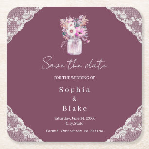 Country Lace Mason Jar Burgundy Save the Date Square Paper Coaster