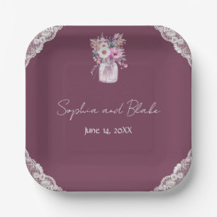 Country Lace Mason Jar Burgundy Wedding Paper Plate
