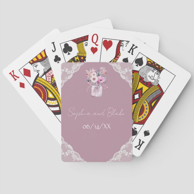 Country Lace Mason Jar Pink Wedding Playing Cards (Back)